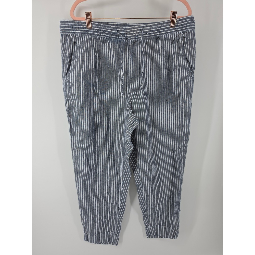 LL Bean Womens 16 Blue White Striped 100% Linen Drawstring Tapered Pants 517943